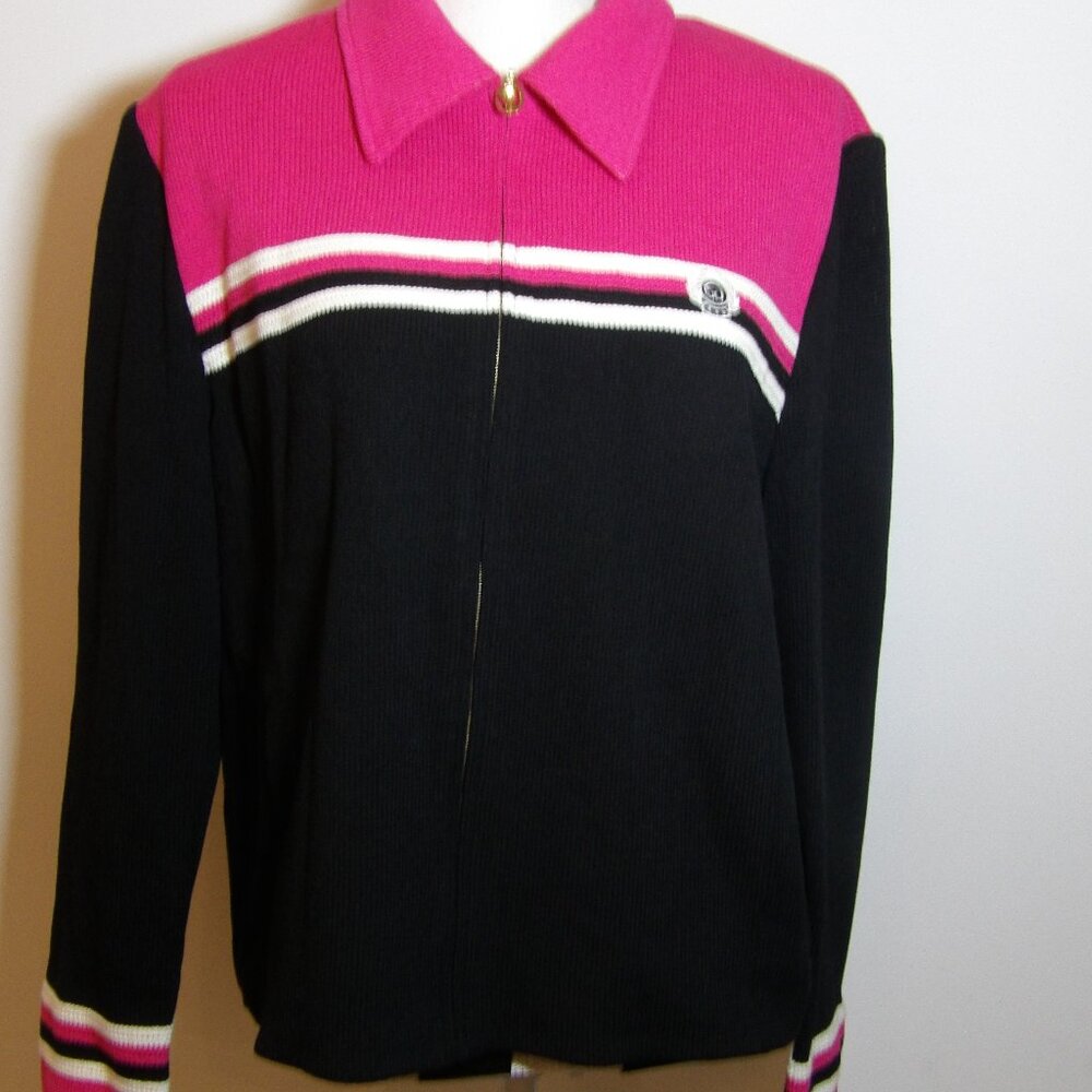 St. John Sport Pink Navy & White Zip Cardigan With Logo Size Large USA Made
